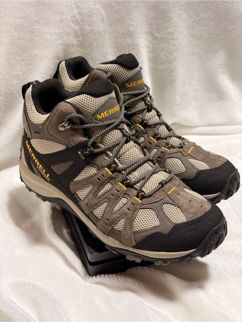 Merrell Men's Hiking Boots in Taupe, Black & Yellow Accents - Picture 2 of 13
